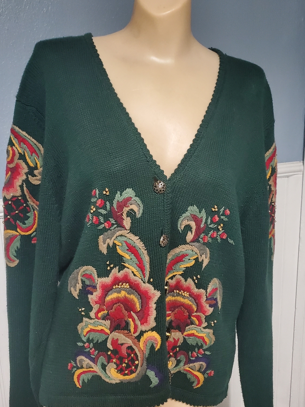 Vintage Susan Bristol "New Traditions" Hand Embroidered Green Cardigan M